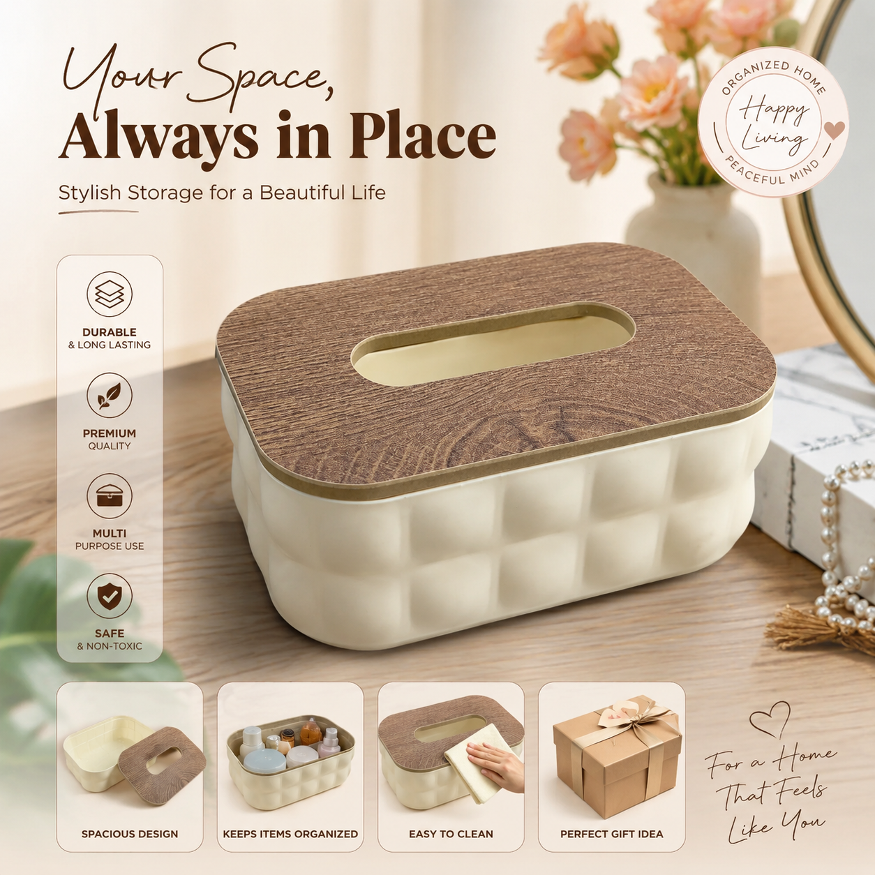 Bubble Tissue Box with Wooden Holder - Decorative Tissue Case